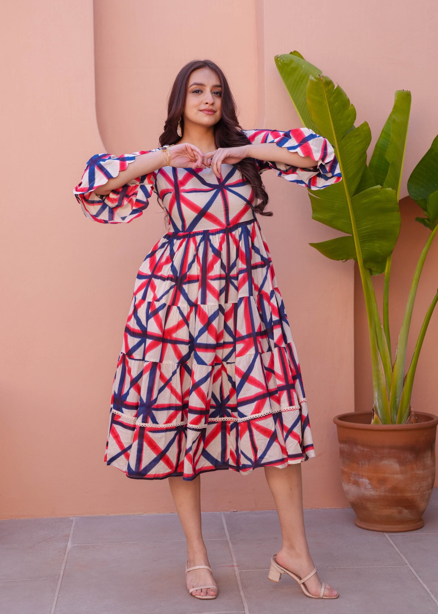 Soft Cotton Geometric Flared Cream Dress
