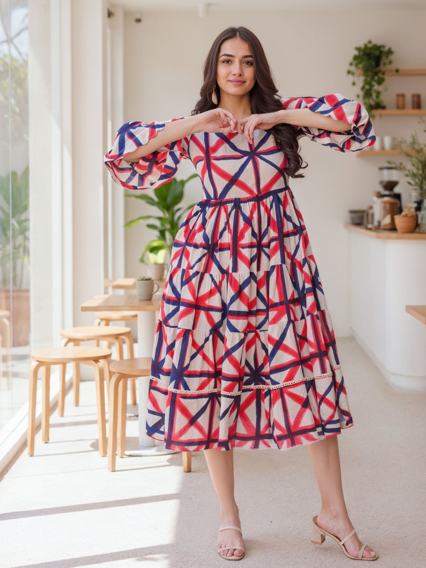 Soft Cotton Geometric Flared Cream Dress