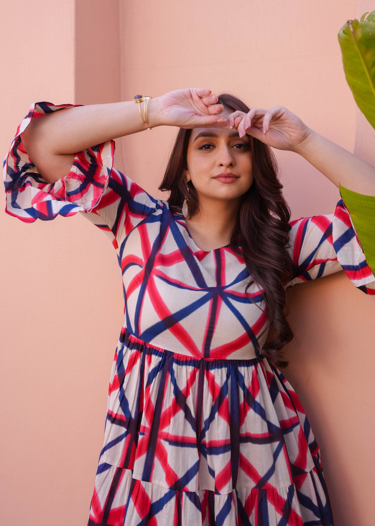 Soft Cotton Geometric Flared Cream Dress