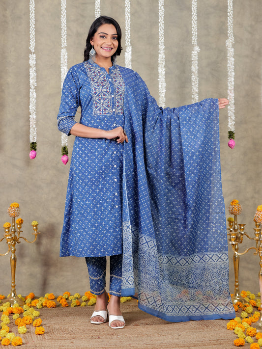Embroidered Soft Cotton Bandhani A-line Blue Kurta