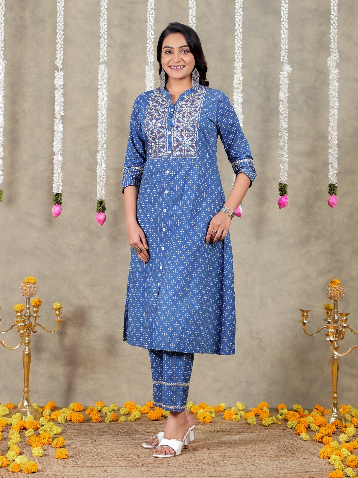 Embroidered Soft Cotton Bandhani A-line Blue Kurta