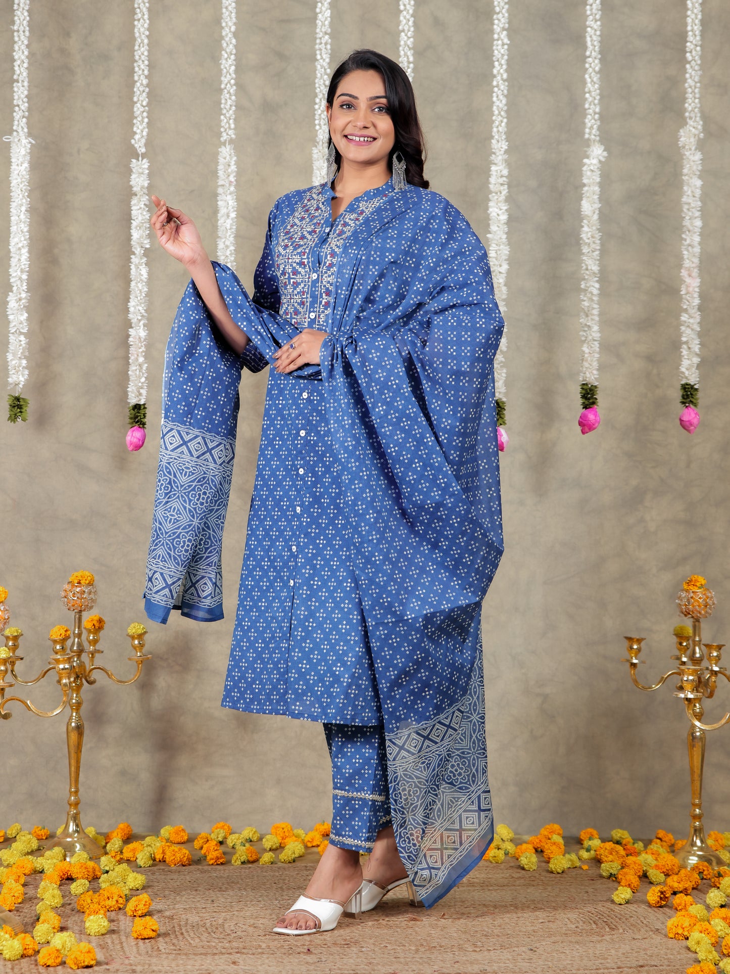 Embroidered Soft Cotton Bandhani A-line Blue Kurta