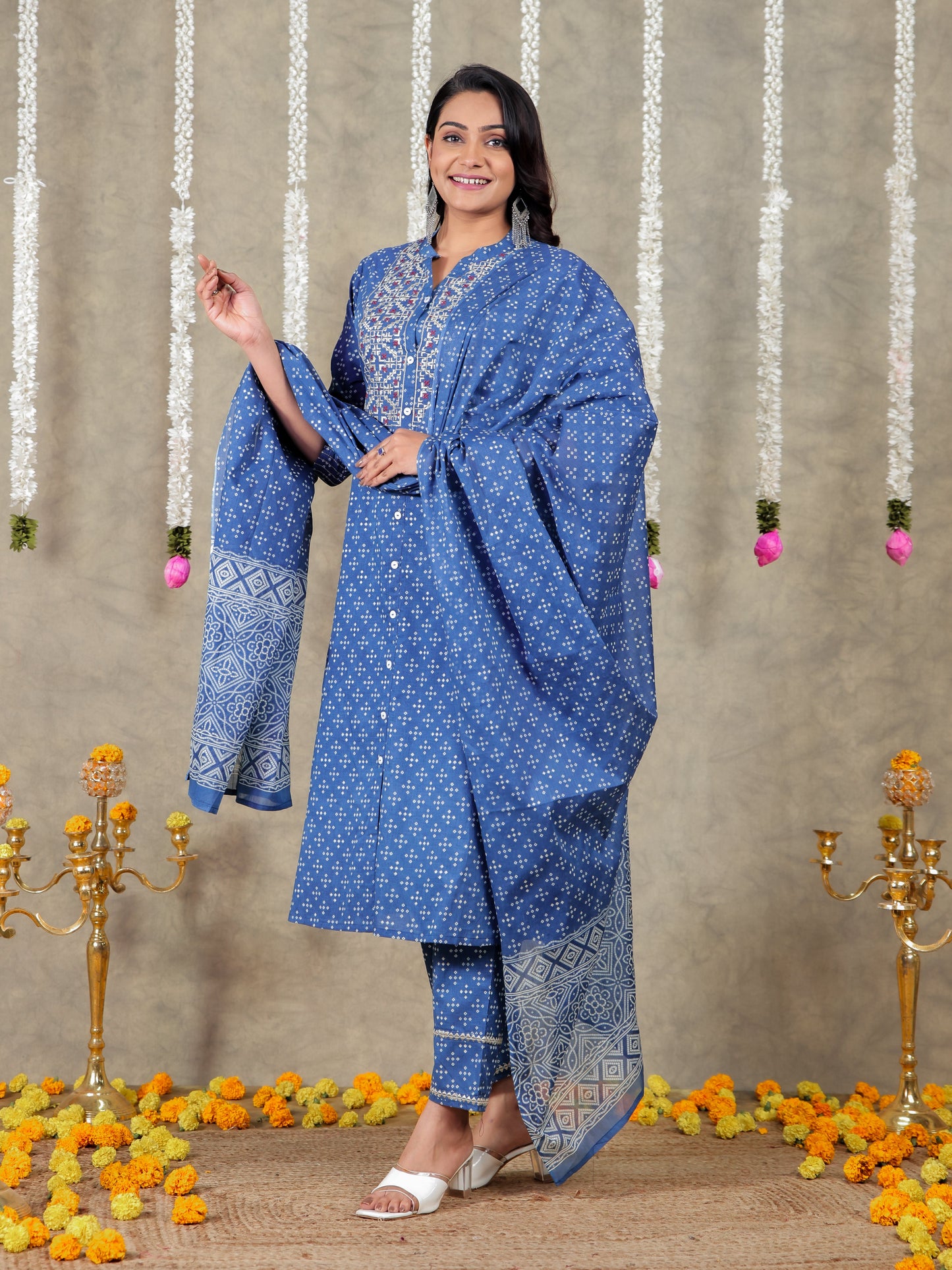 Embroidered Soft Cotton Bandhani A-line Blue Kurta