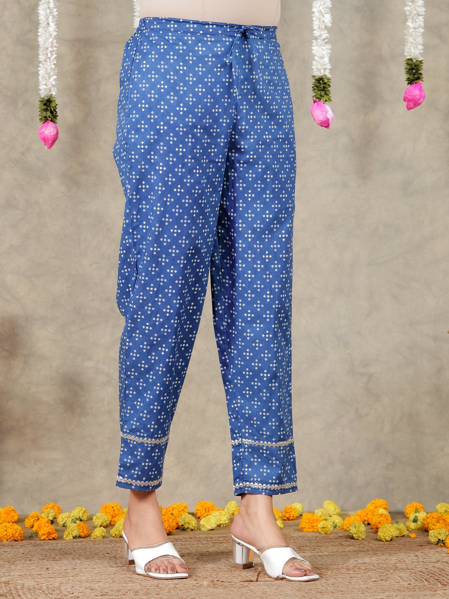 Embroidered Soft Cotton Bandhani A-line Blue Kurta