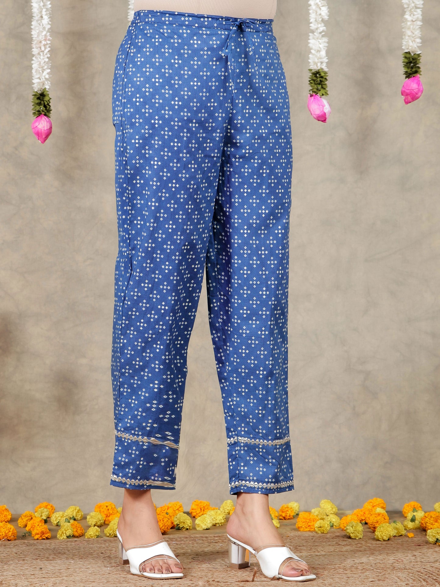 Embroidered Soft Cotton Bandhani A-line Blue Kurta