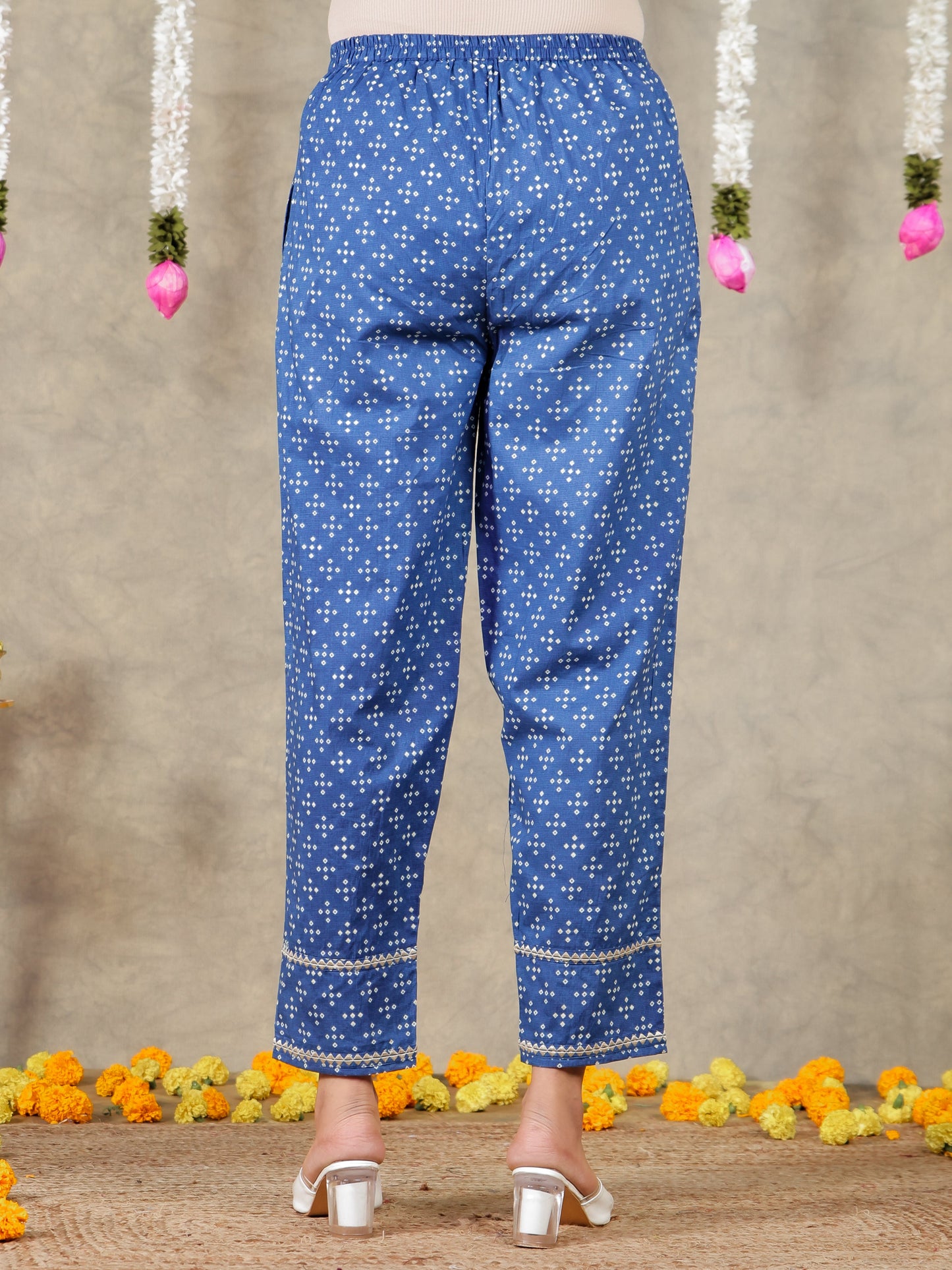 Embroidered Soft Cotton Bandhani A-line Blue Kurta