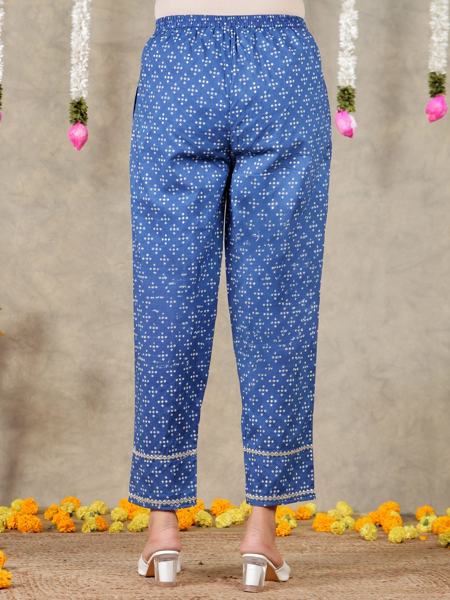 Embroidered Soft Cotton Bandhani Blue Tapered Trousers