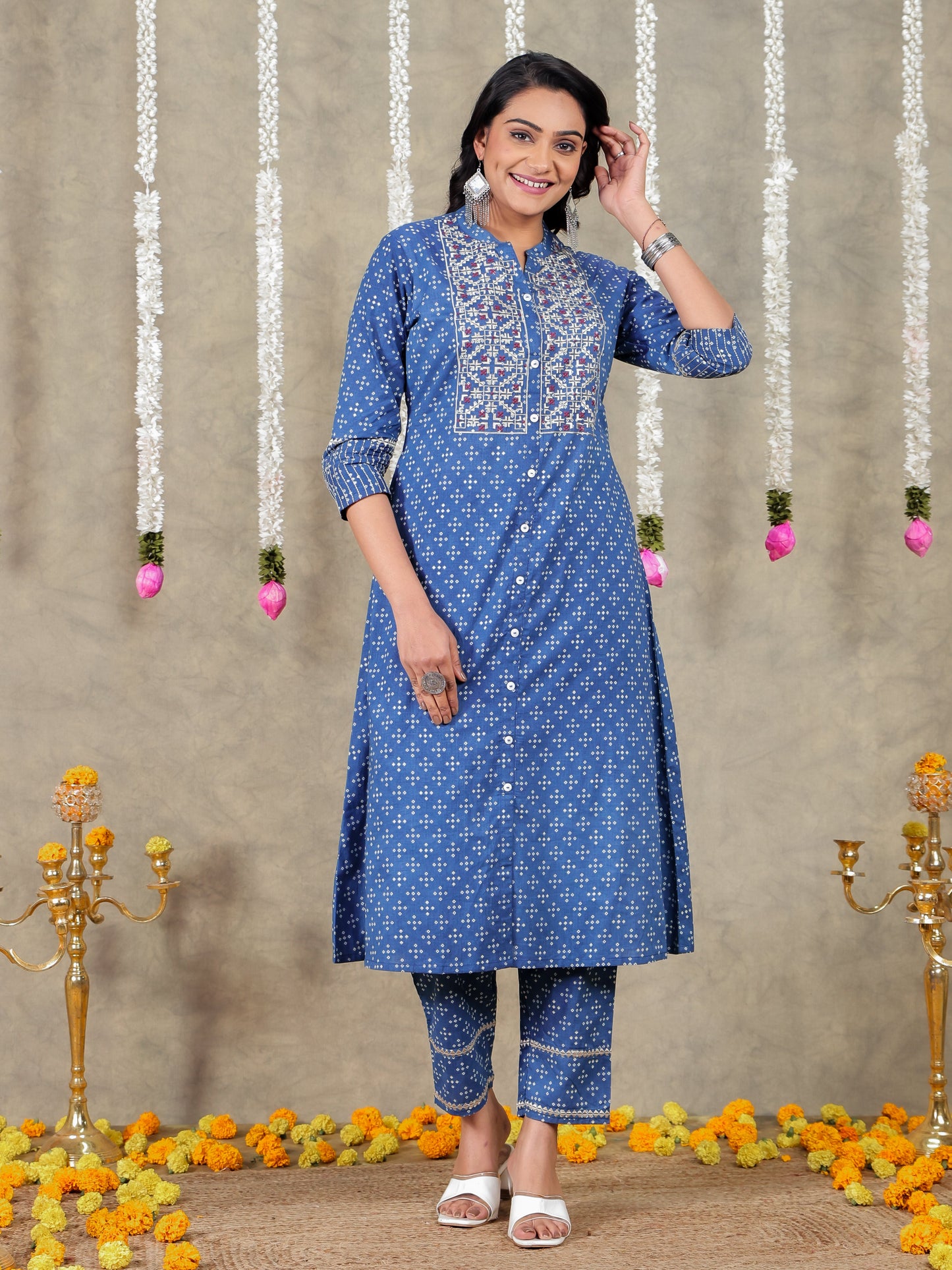 Embroidered Soft Cotton Bandhani A-line Blue Kurta