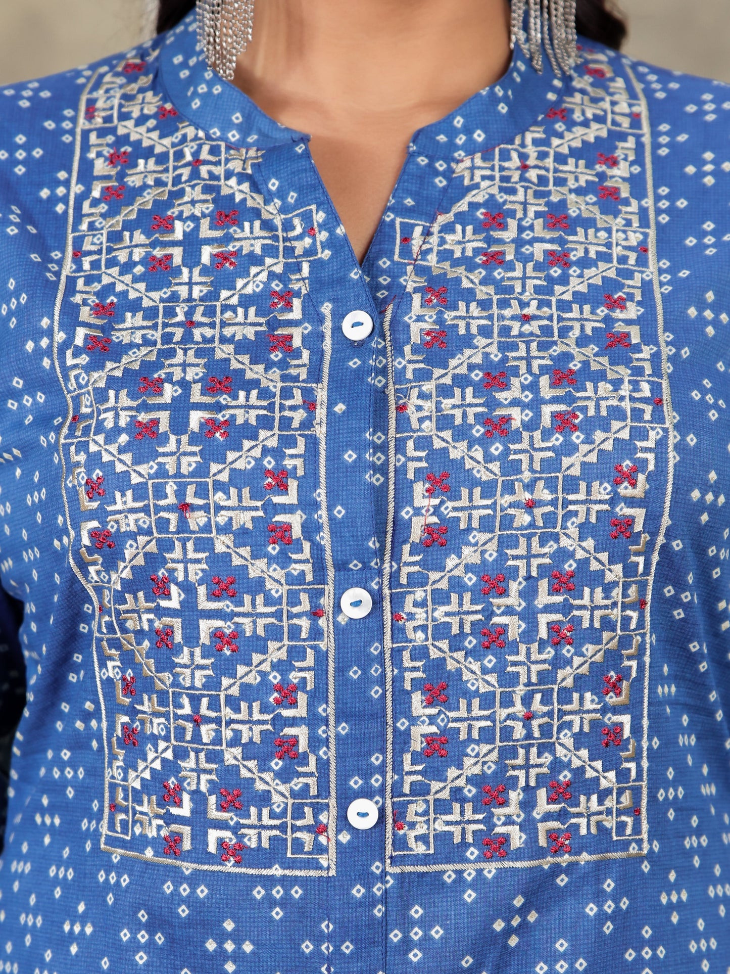 Embroidered Soft Cotton Bandhani A-line Blue Kurta