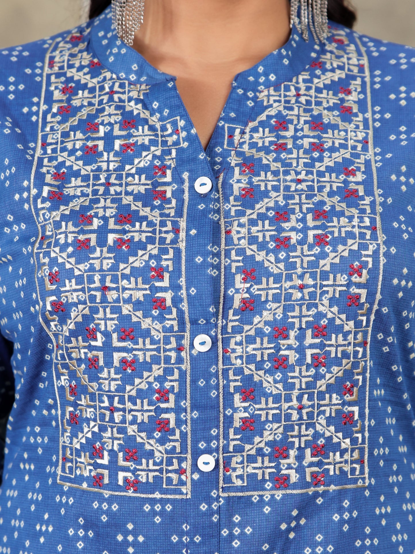 Embroidered Soft Cotton Bandhani A-line Blue Kurta