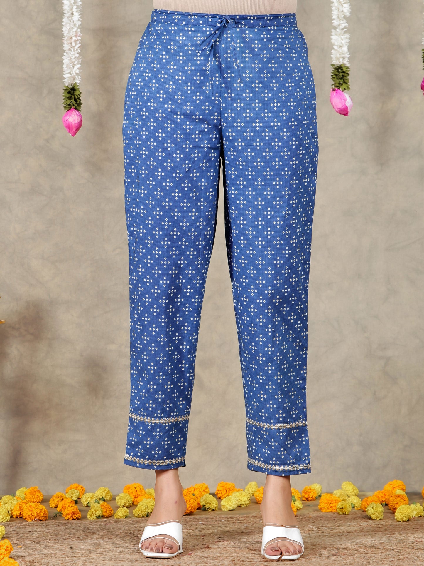 Embroidered Soft Cotton Bandhani Blue Tapered Trousers