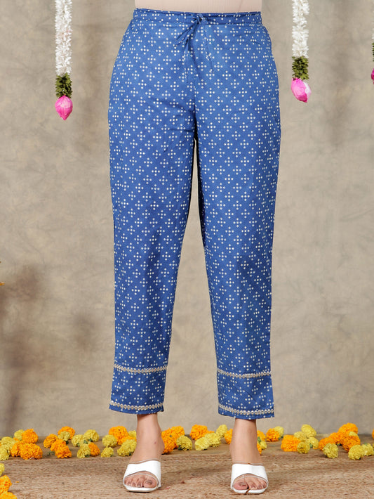 Embroidered Soft Cotton Bandhani Blue Tapered Trousers