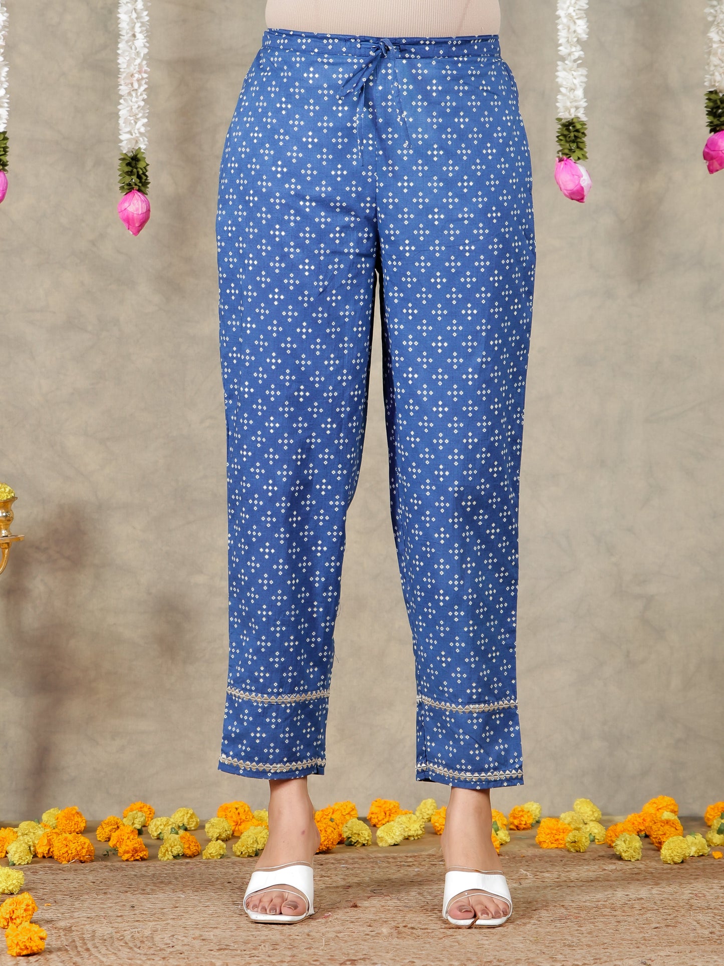 Embroidered Soft Cotton Bandhani A-line Blue Kurta