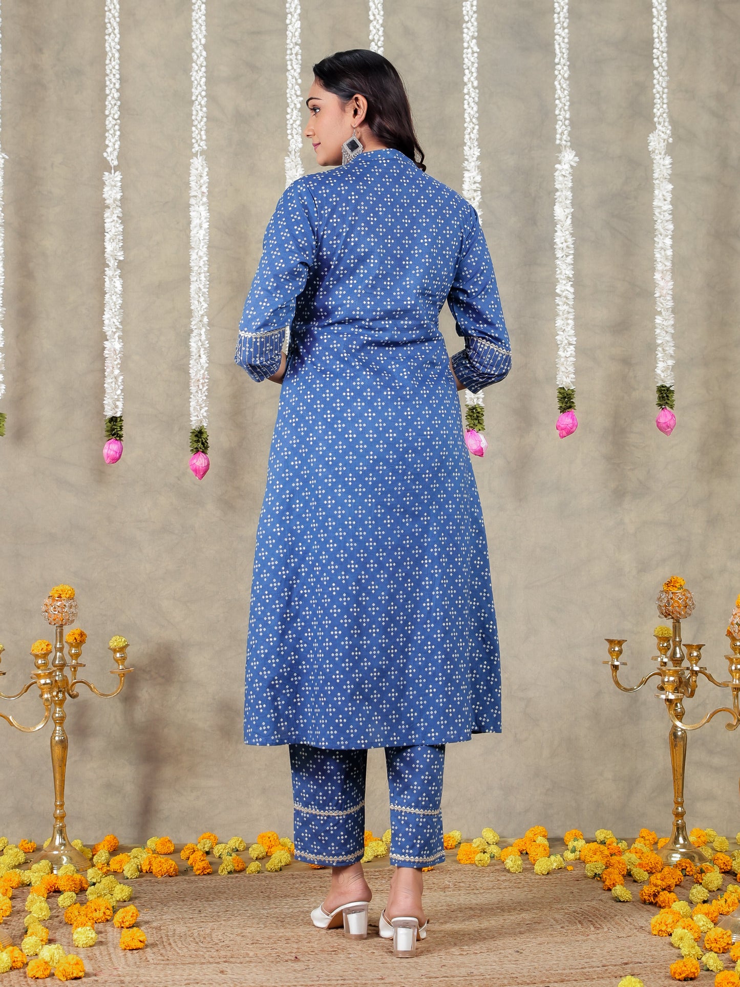 Embroidered Soft Cotton Bandhani A-line Blue Kurta