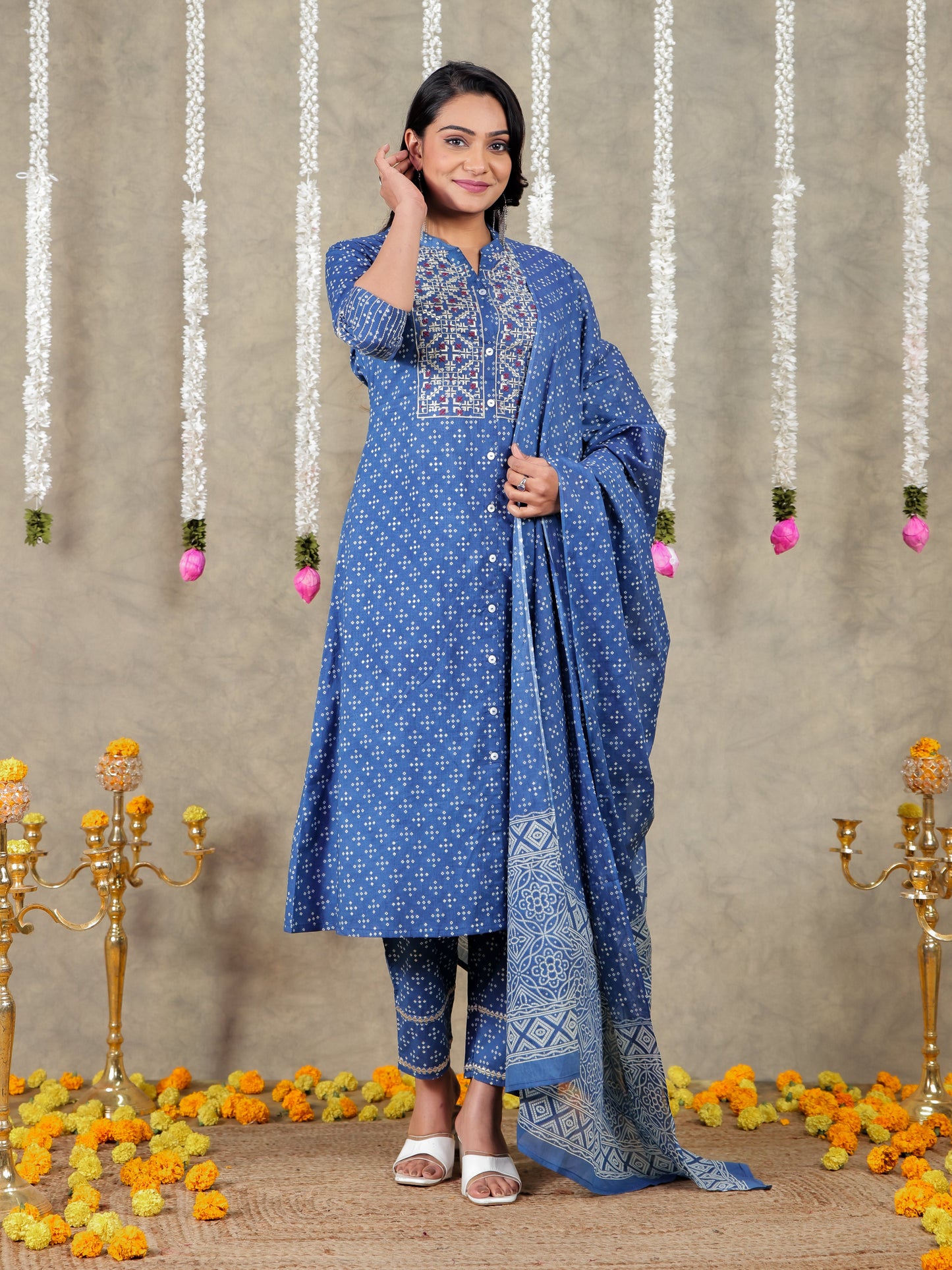 Embroidered Soft Cotton Bandhani A-line Blue Kurta