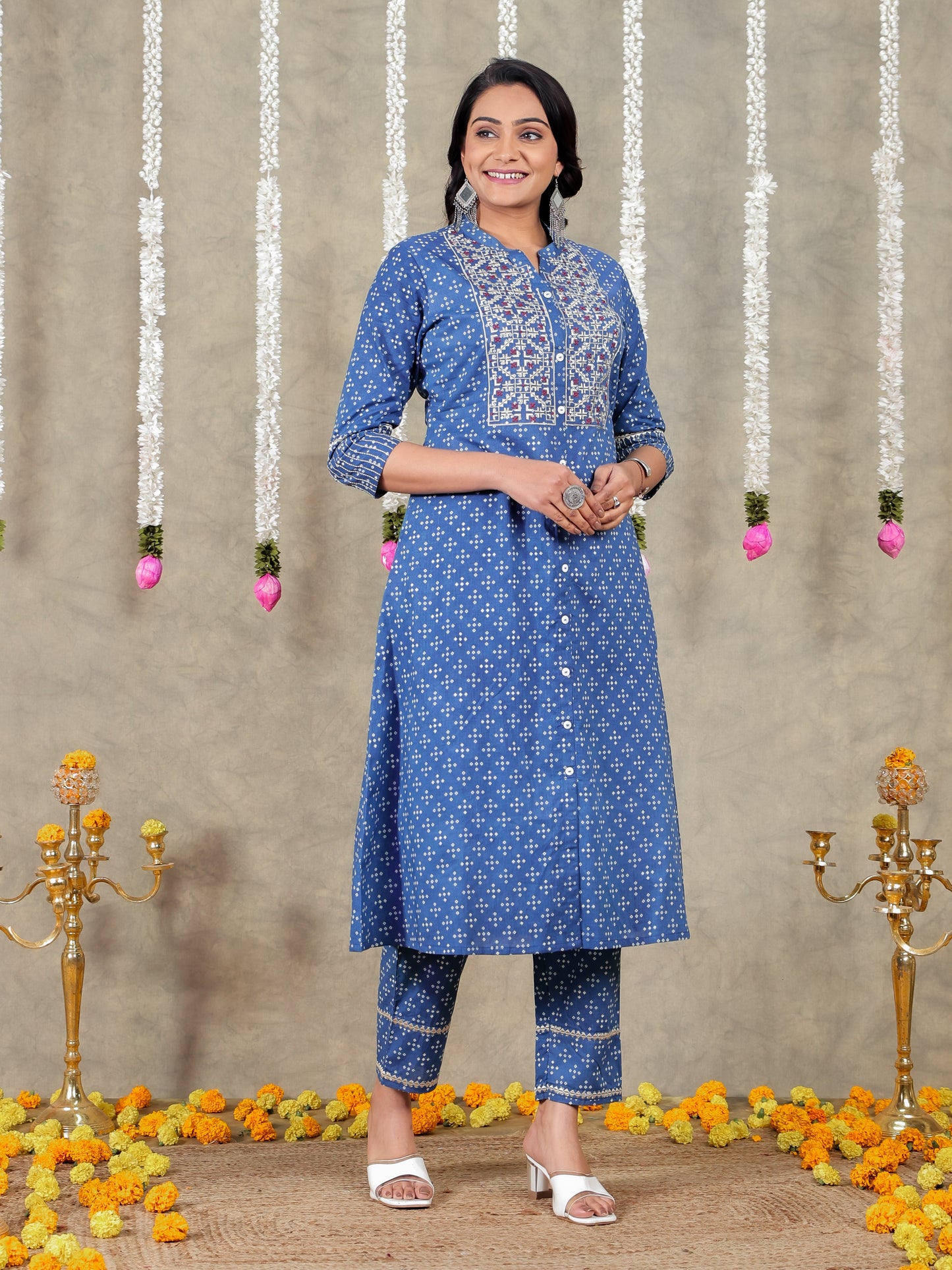 Embroidered Soft Cotton Bandhani A-line Blue Kurta