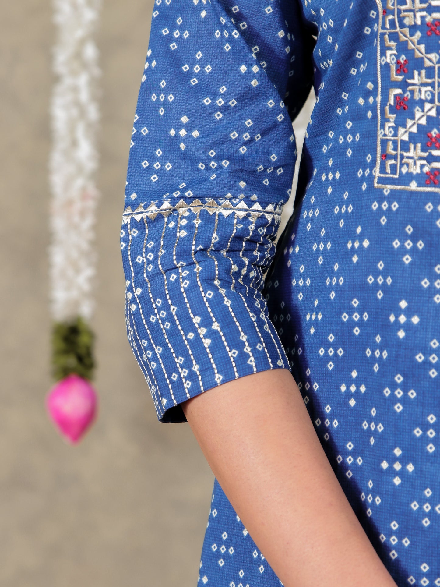 Embroidered Soft Cotton Bandhani A-line Blue Kurta
