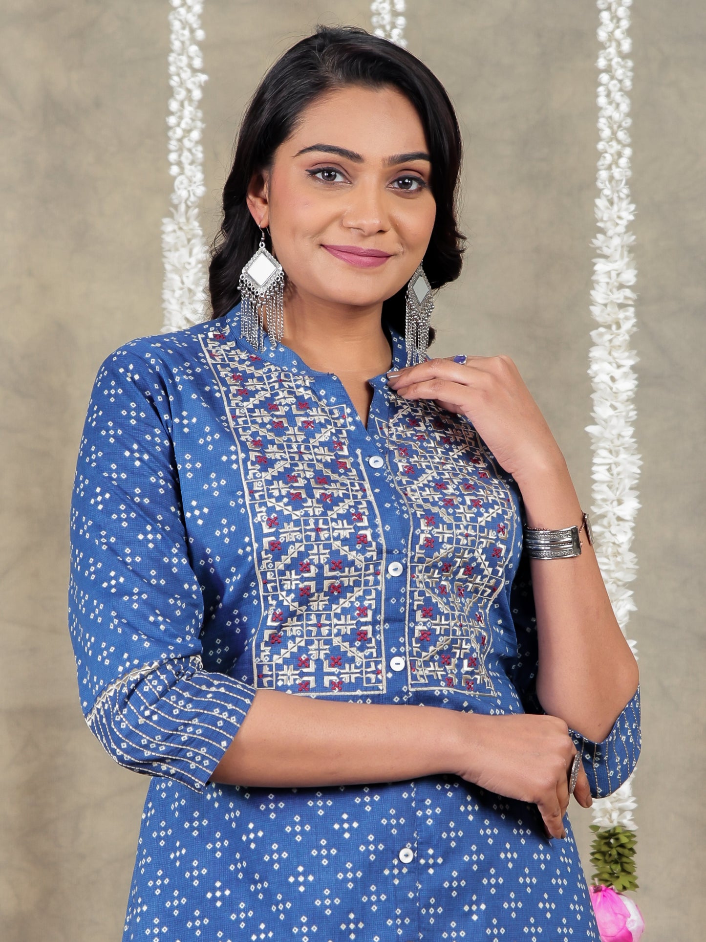 Embroidered Soft Cotton Bandhani A-line Blue Kurta