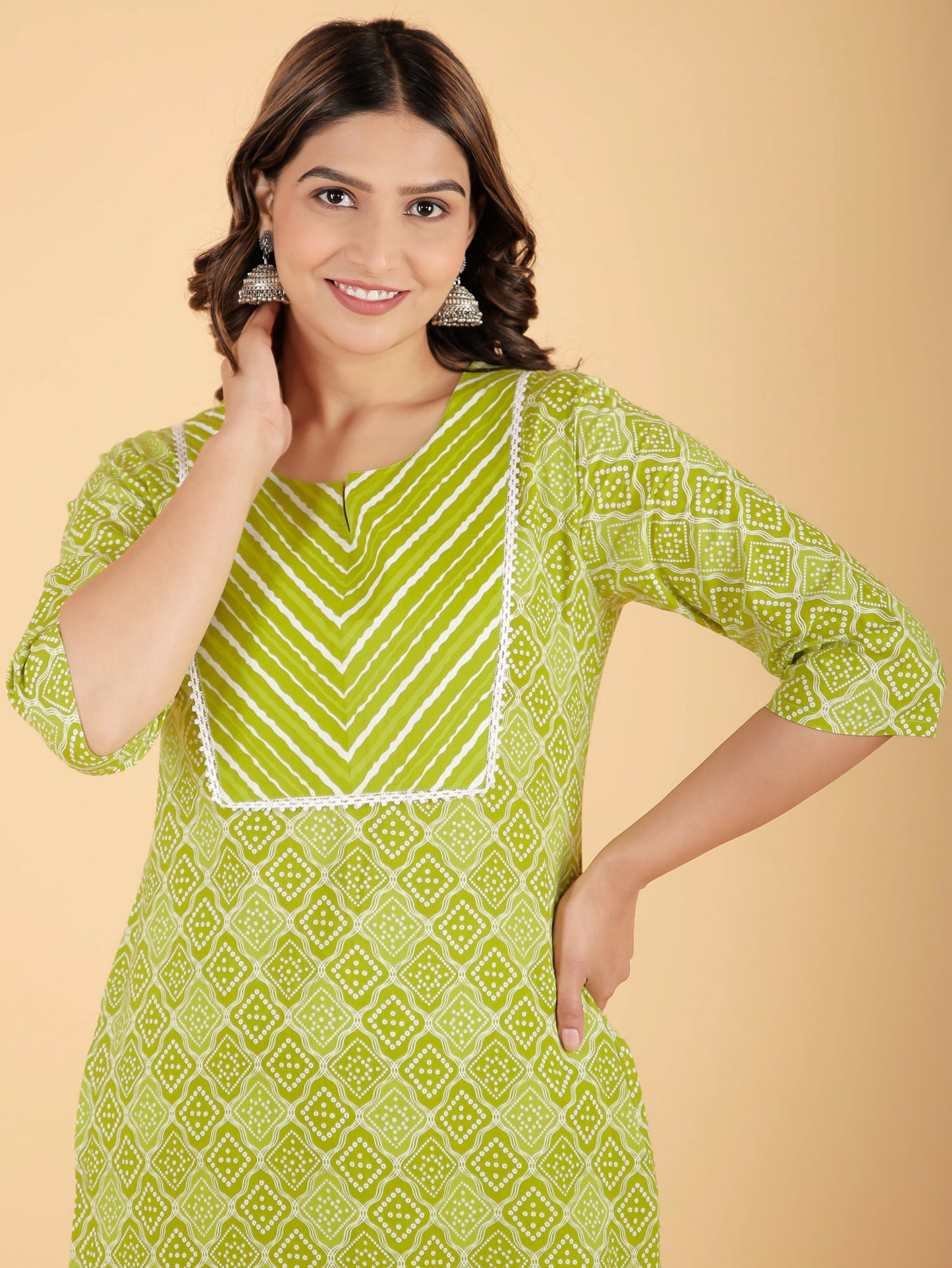 Soft Cotton Geometric Straight Green Kurta