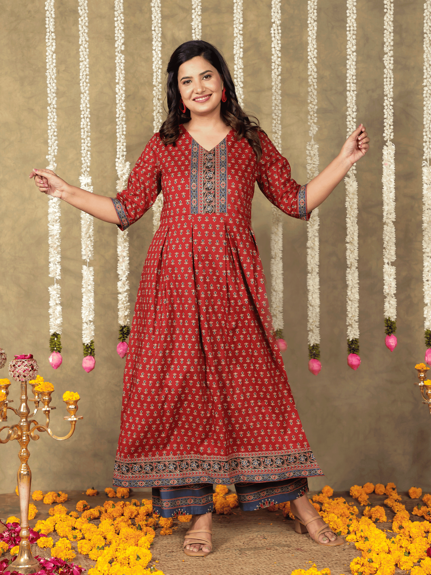 Soft Cotton Ajrakh A-line Red Kurta
