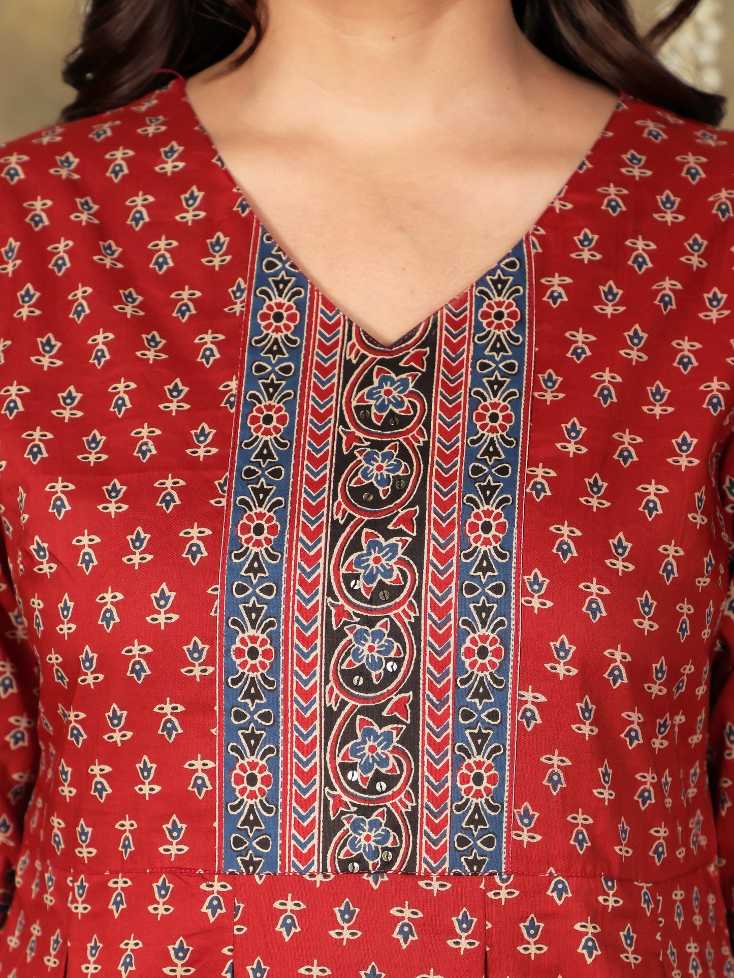 Soft Cotton Ajrakh A-line Red Kurta