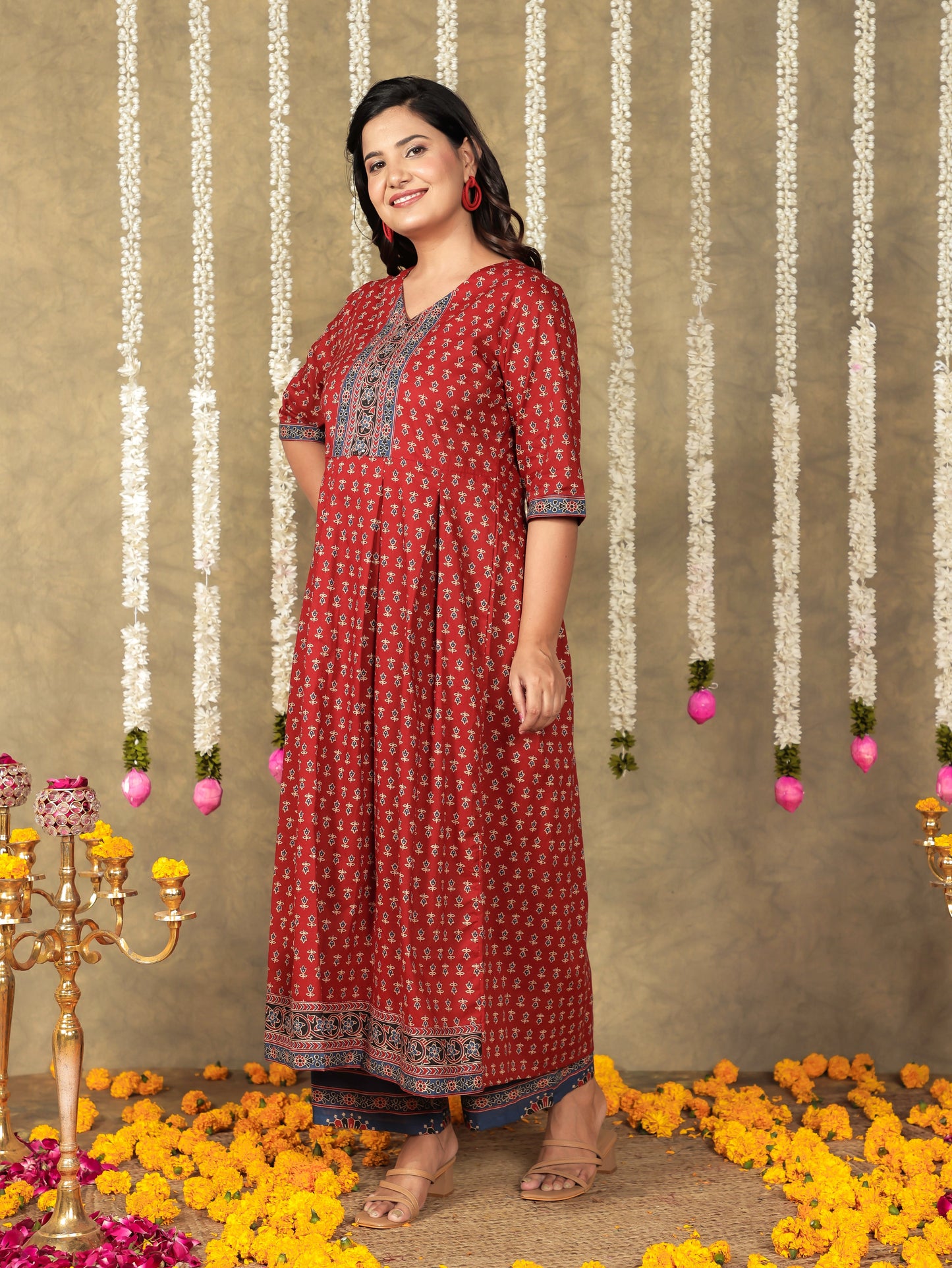 Soft Cotton Ajrakh A-line Red Kurta