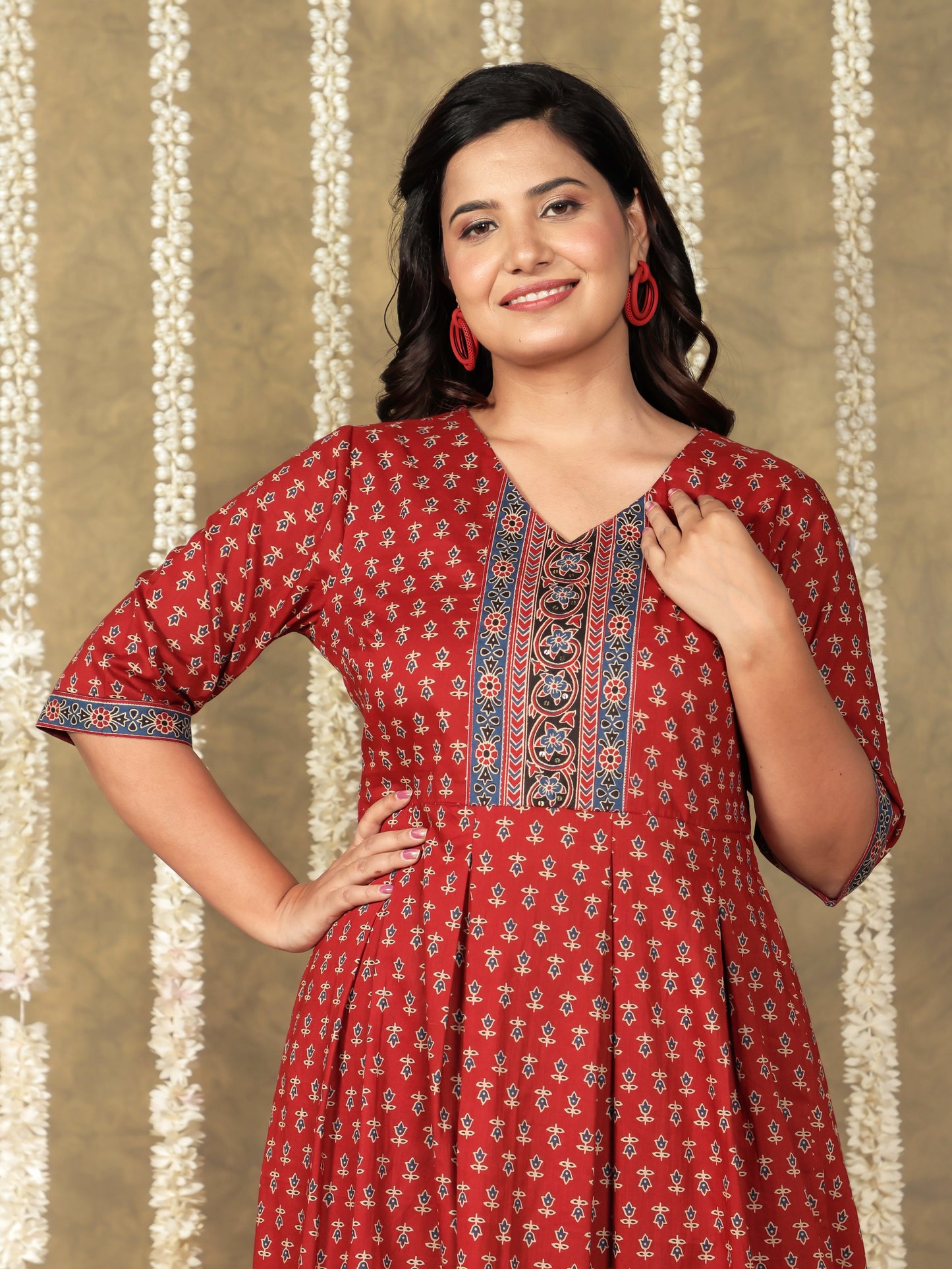 Soft Cotton Ajrakh A-line Red Kurta