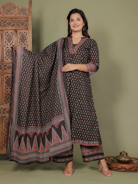 Cotton Voile Ajrakh Black Dupatta