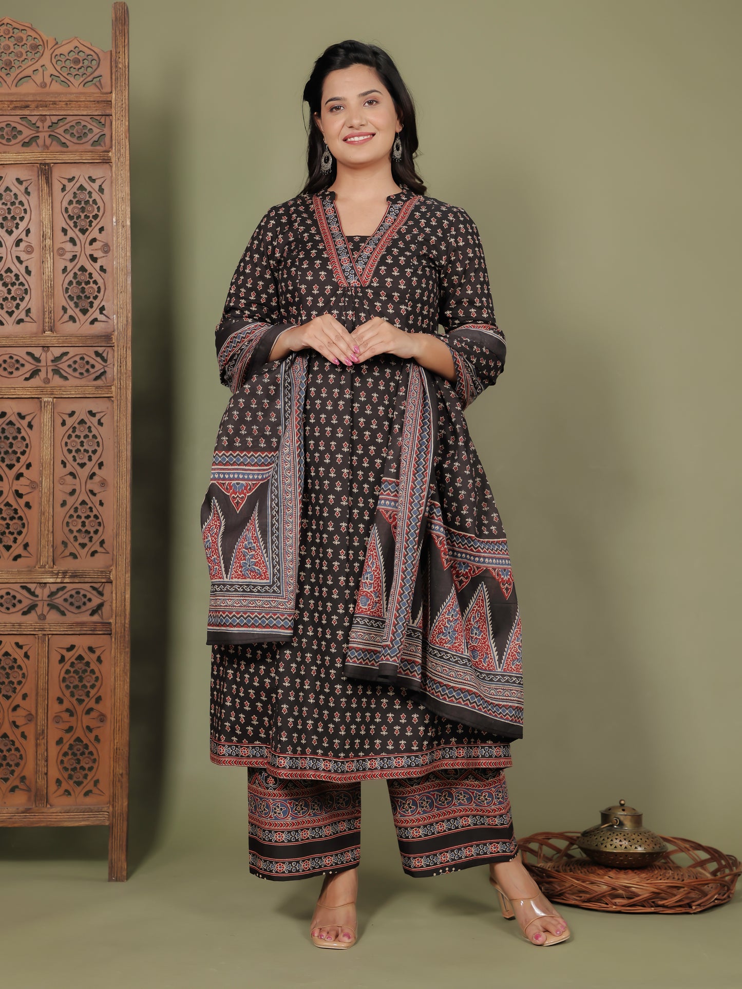 Cotton Voile Ajrakh Black Dupatta