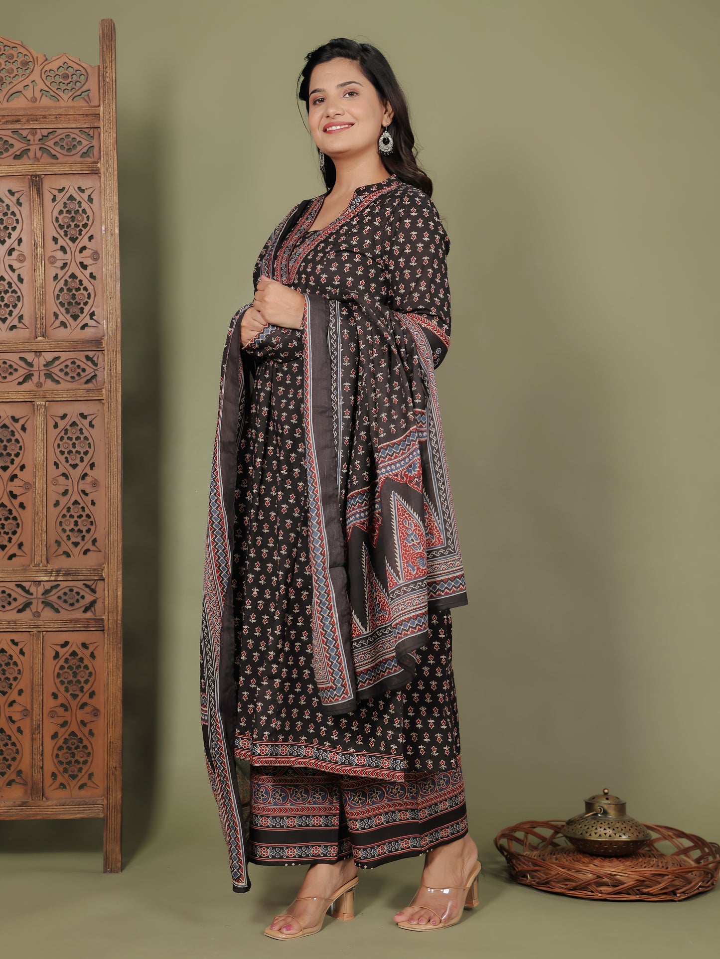 Soft Cotton Ajrakh A-line Black Kurta