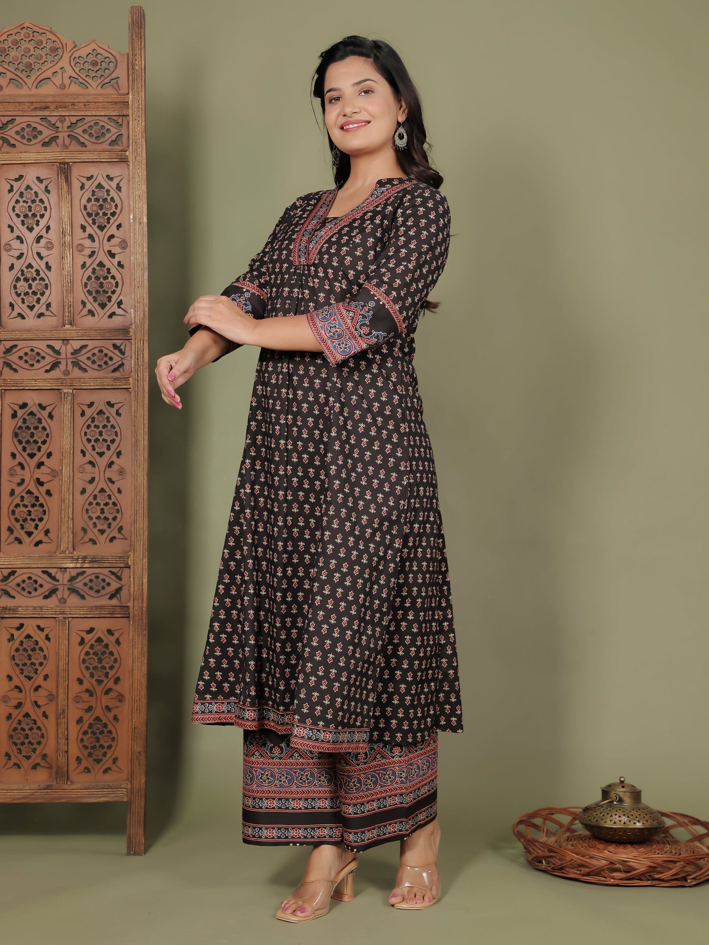Soft Cotton Ajrakh A-line Black Kurta