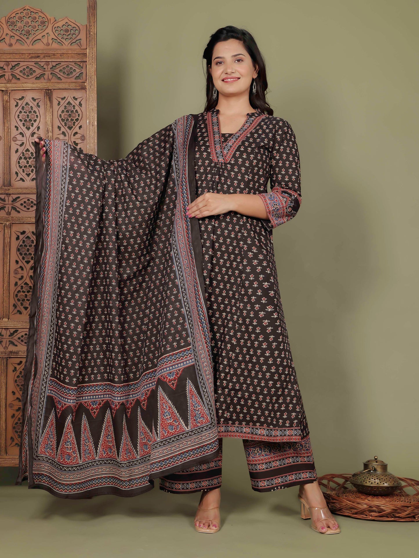 Soft Cotton Ajrakh A-line Black Kurta