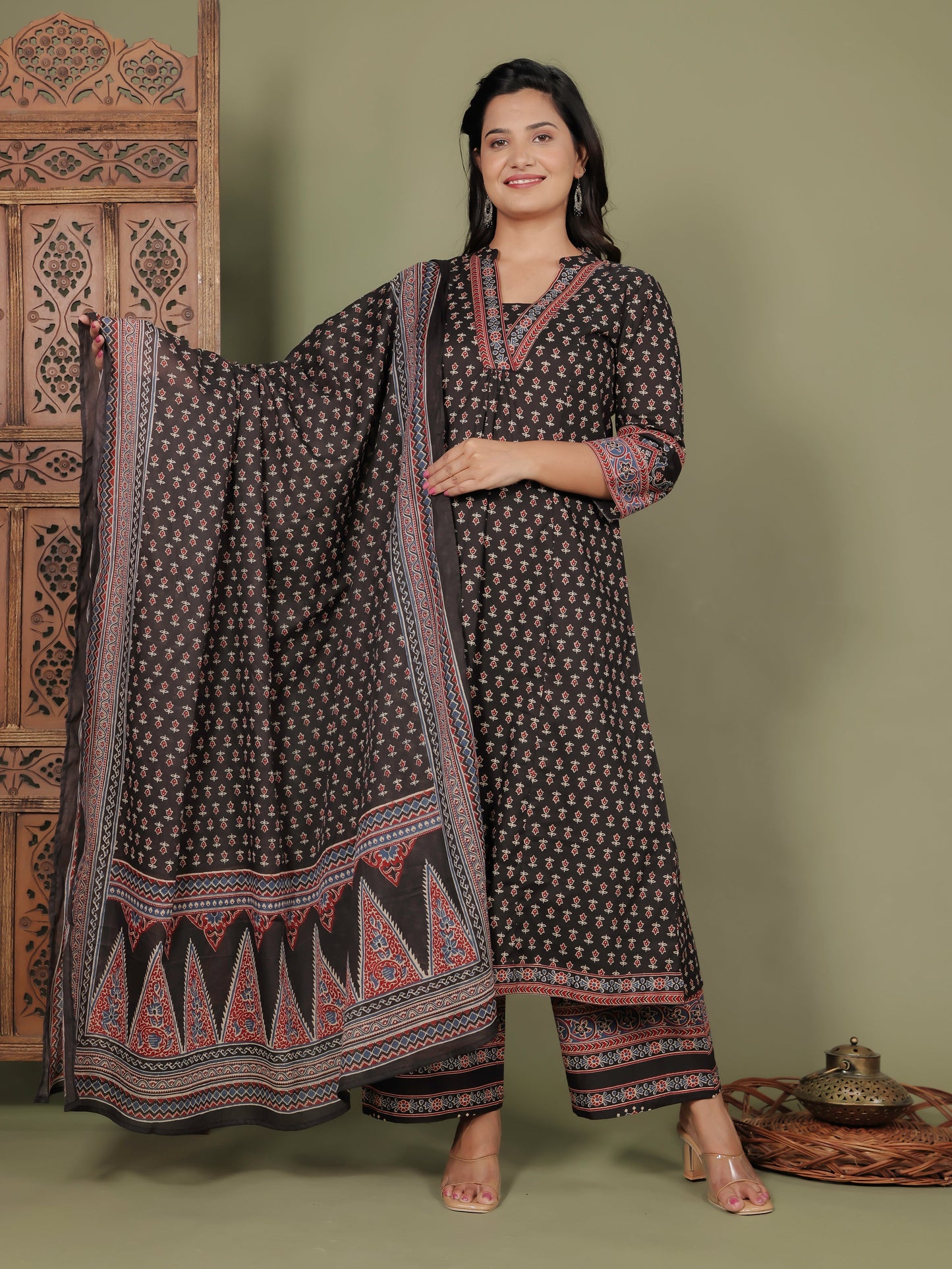 Soft Cotton Ajrakh A-line Black Kurta