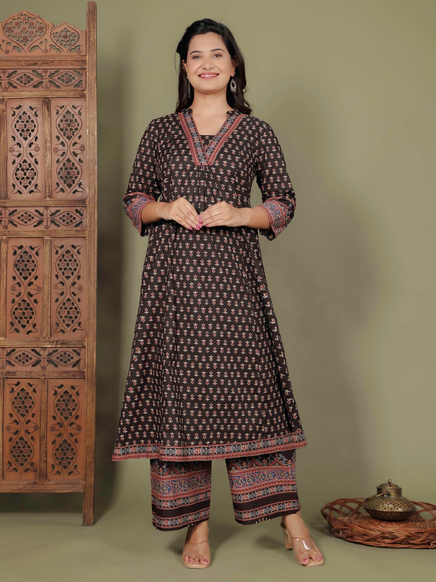 Soft Cotton Ajrakh A-line Black Kurta