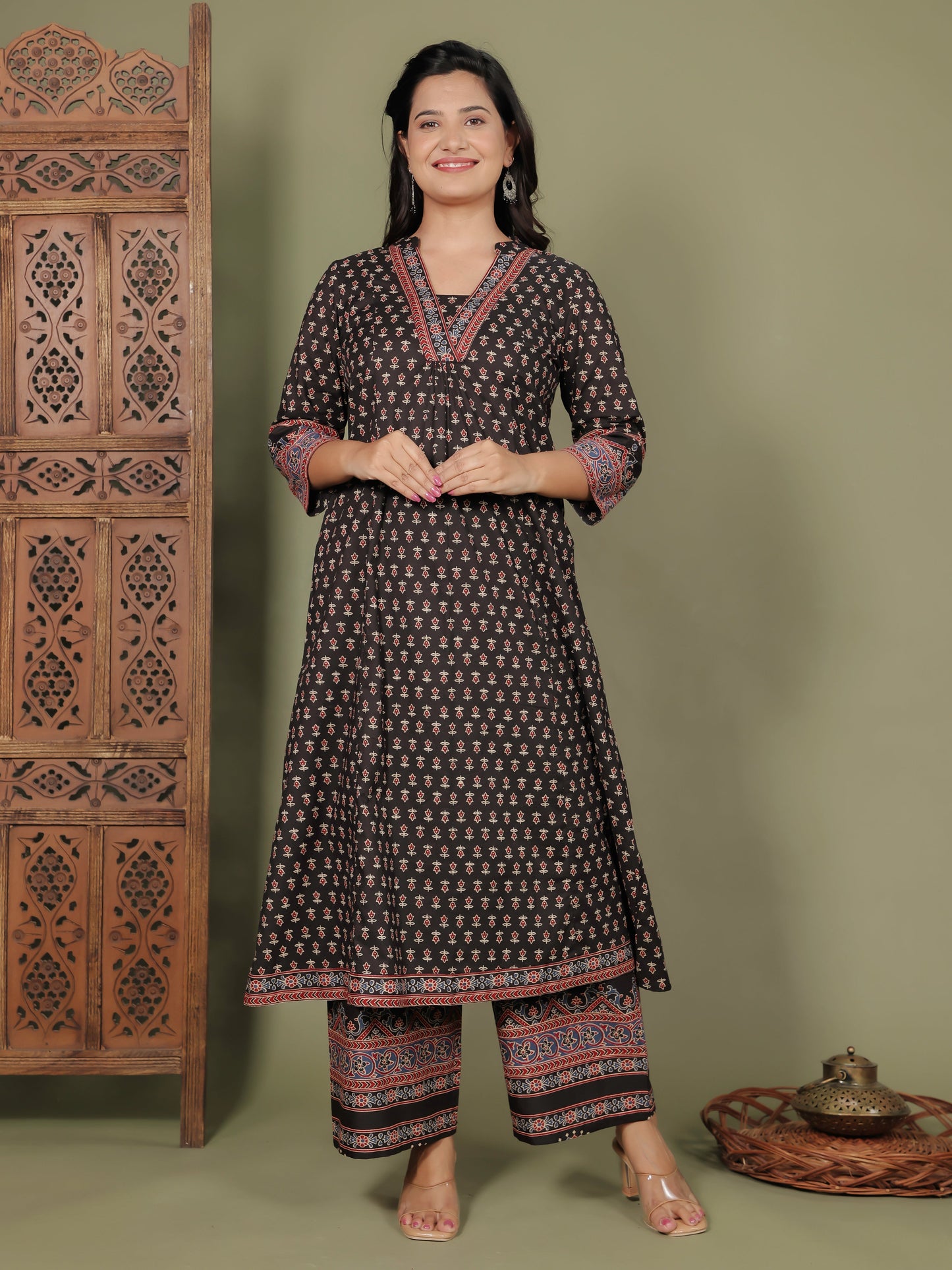 Soft Cotton Ajrakh A-line Black Kurta