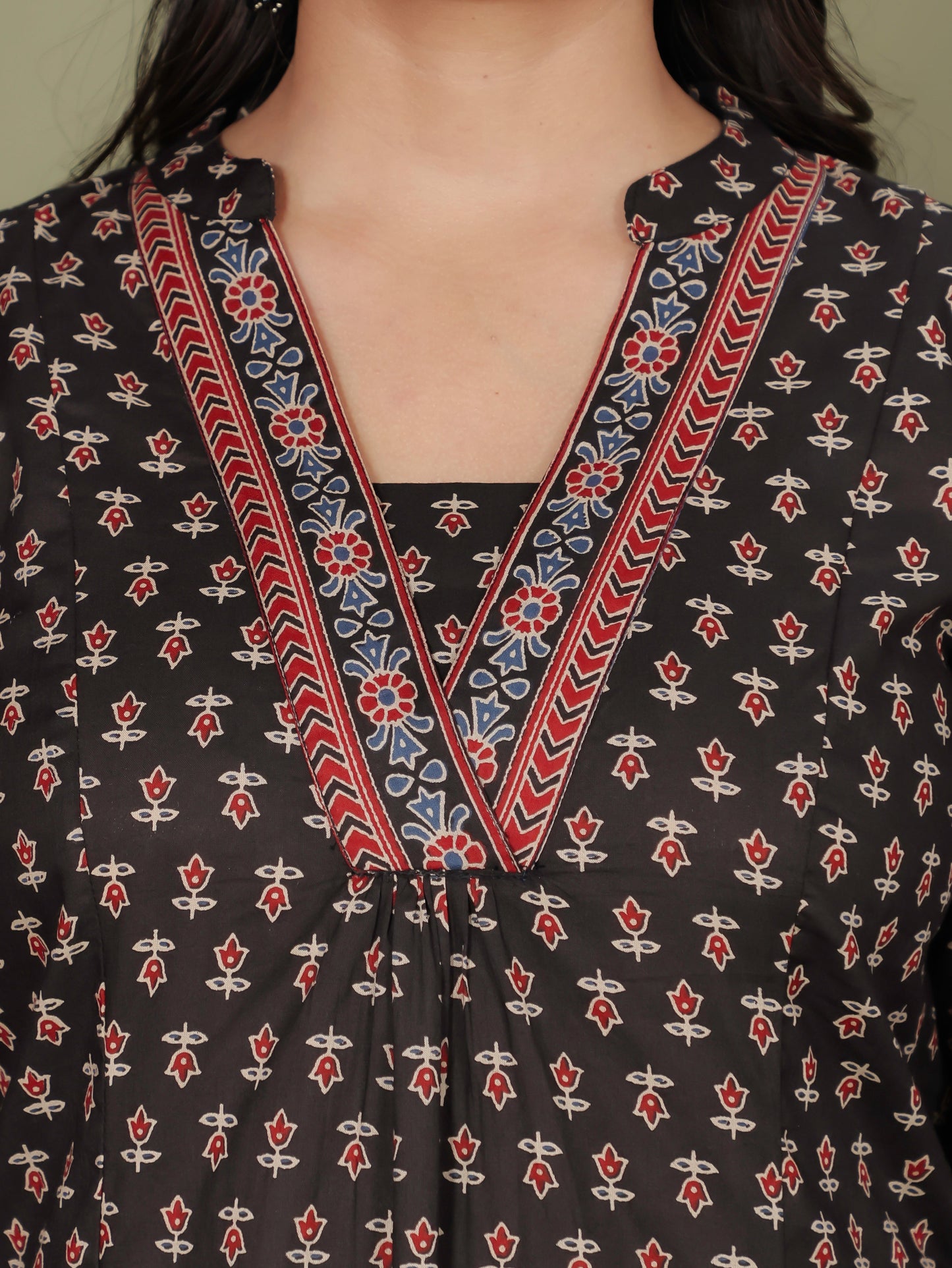 Soft Cotton Ajrakh A-line Black Kurta