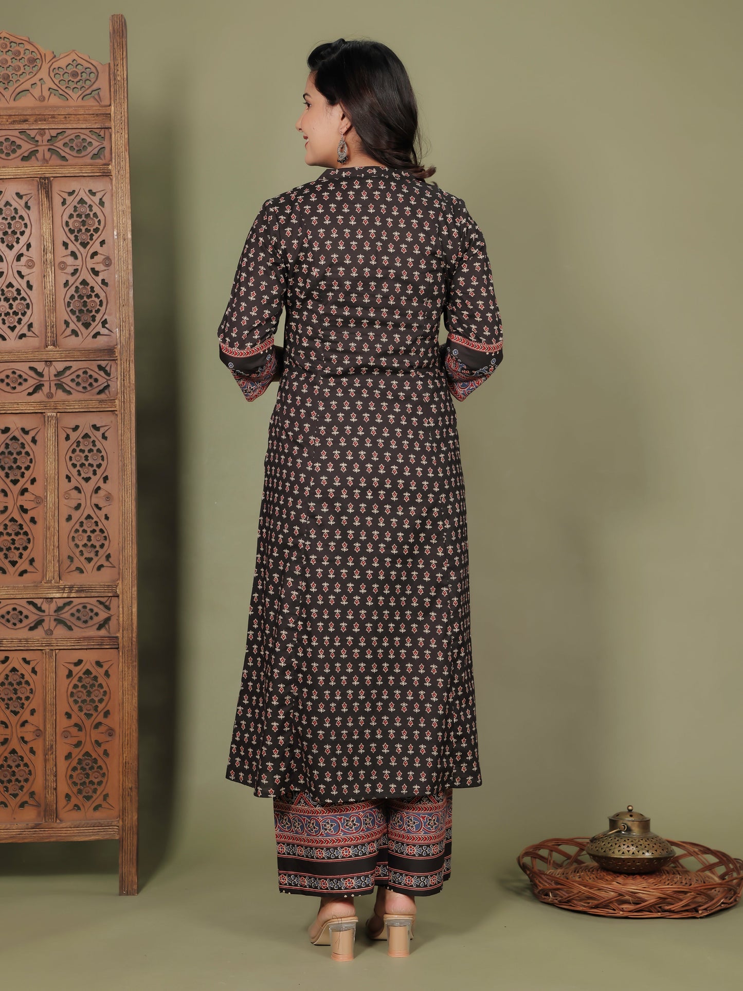 Soft Cotton Ajrakh A-line Black Kurta