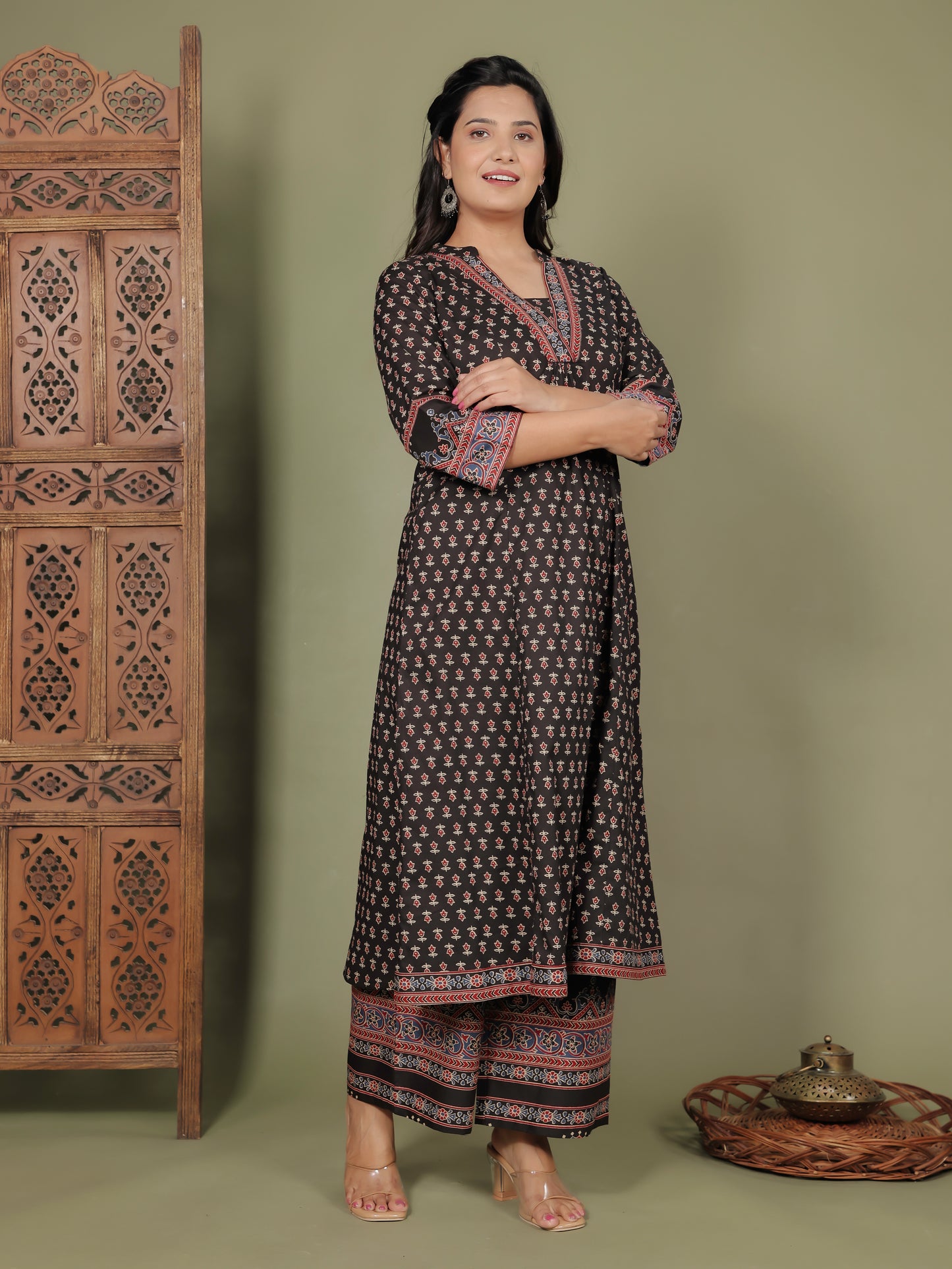 Soft Cotton Ajrakh A-line Black Kurta