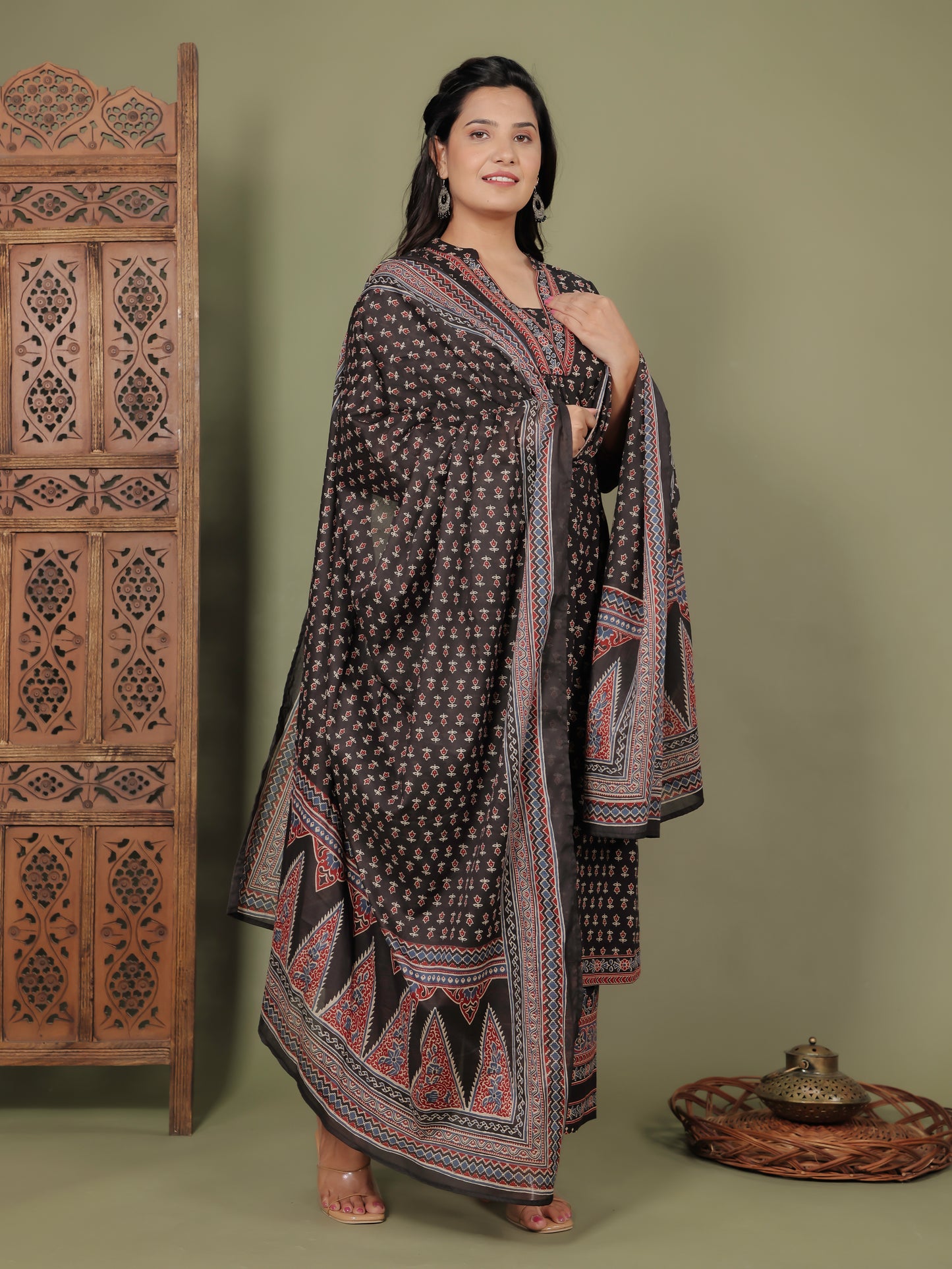 Soft Cotton Ajrakh A-line Black Kurta