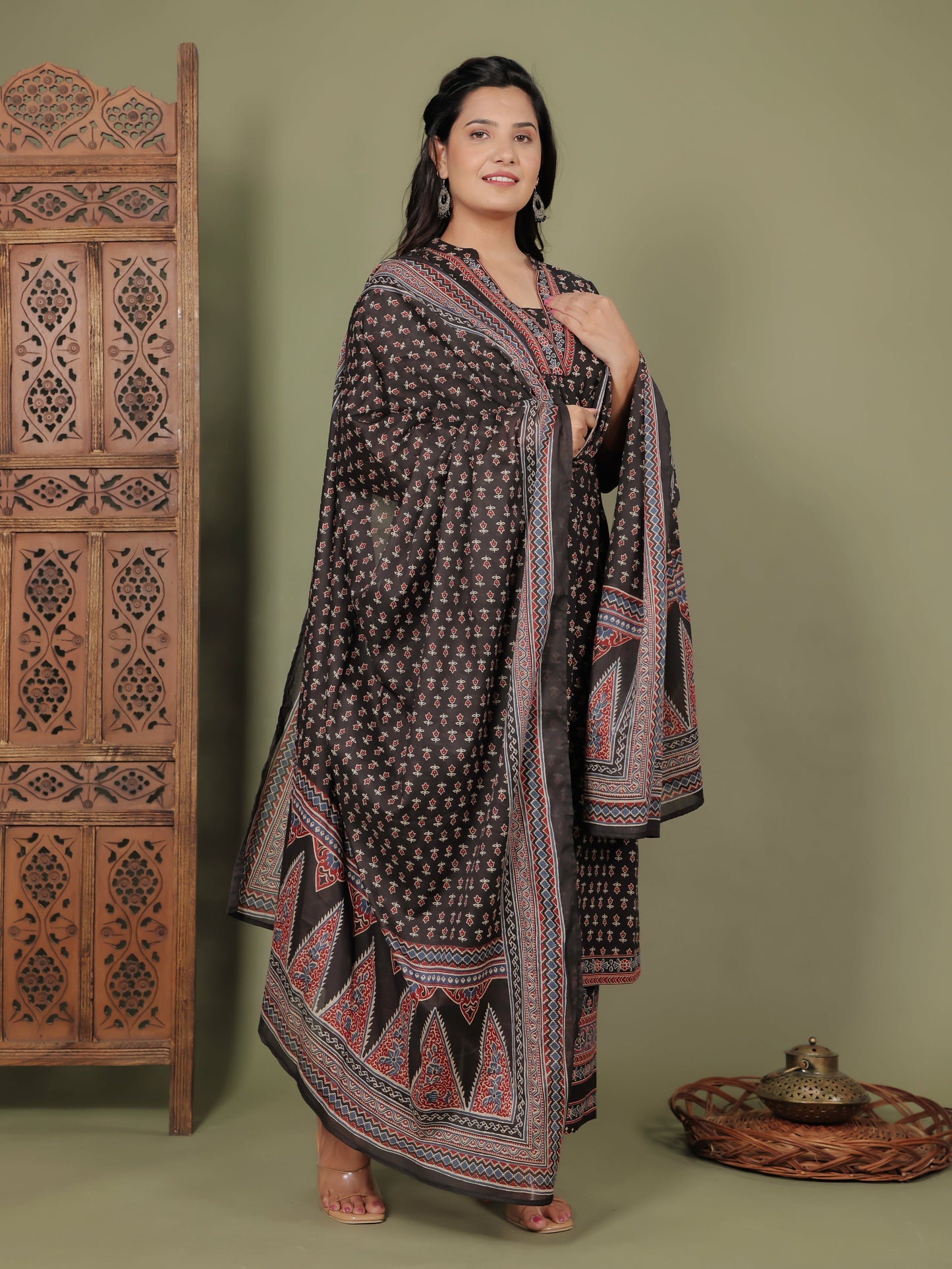 Soft Cotton Ajrakh A-line Black Kurta