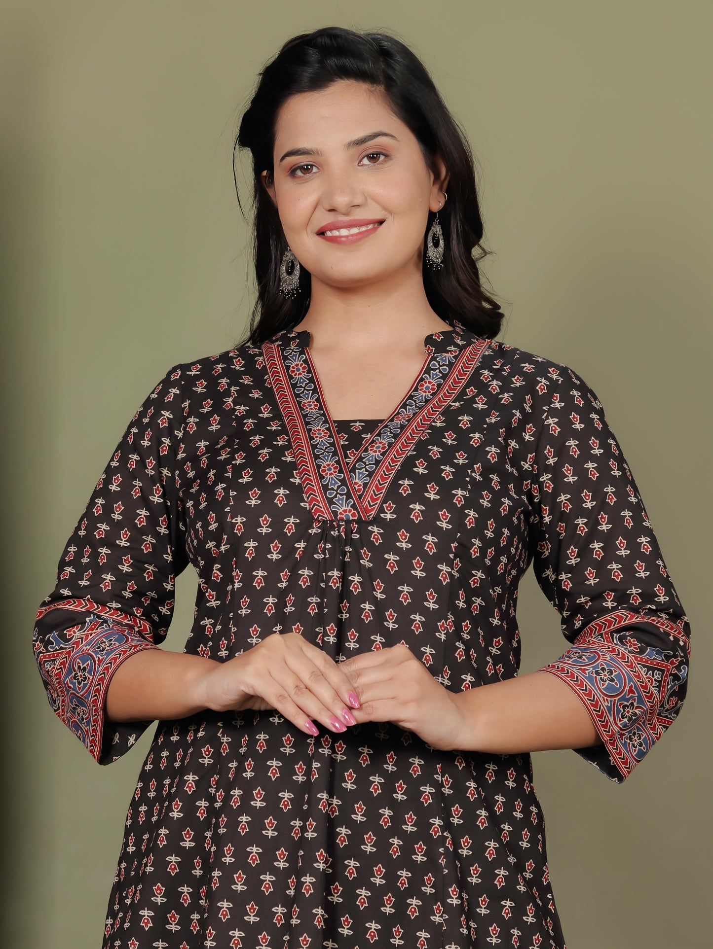 Soft Cotton Ajrakh A-line Black Kurta