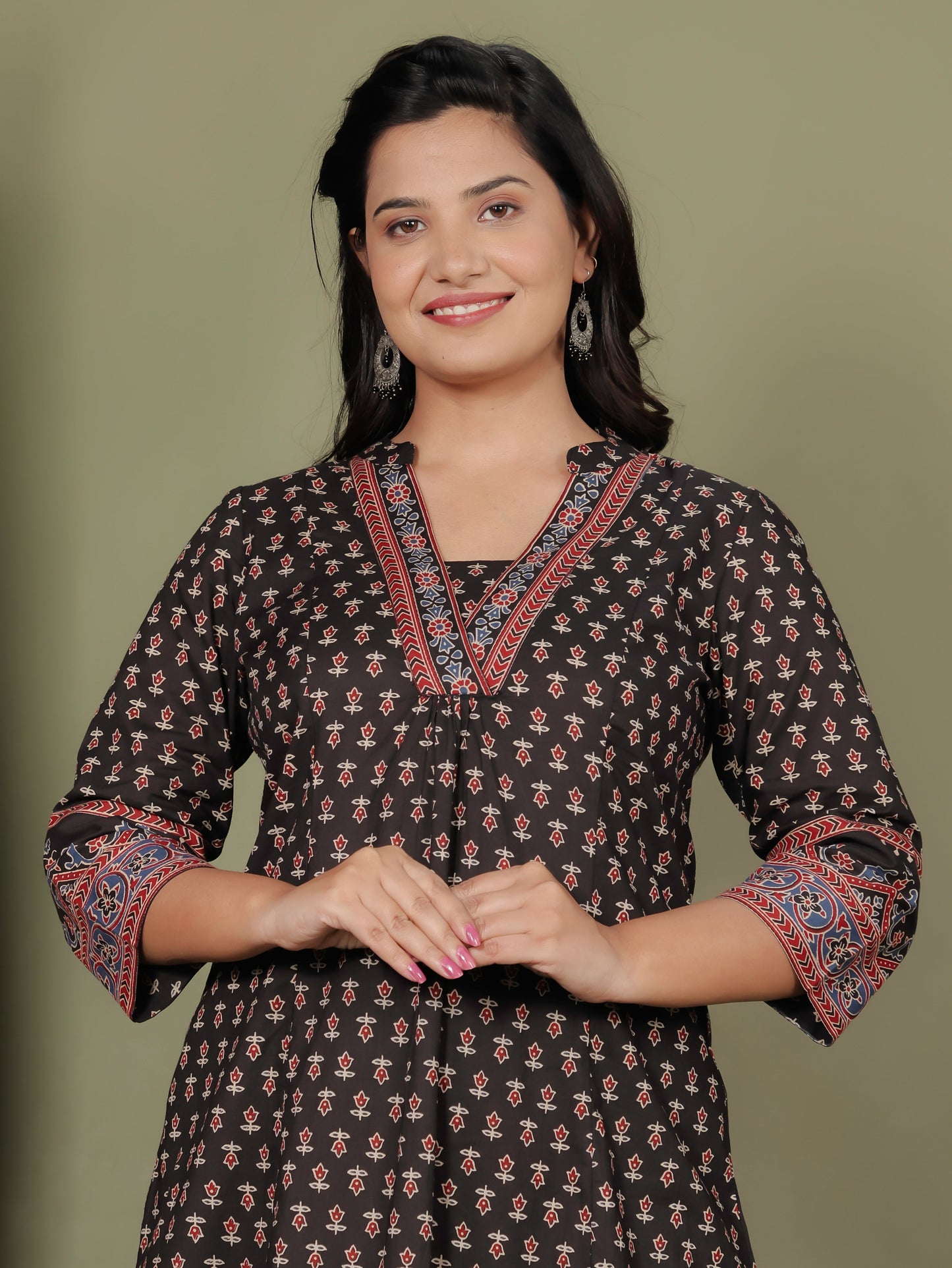 Soft Cotton Ajrakh A-line Black Kurta