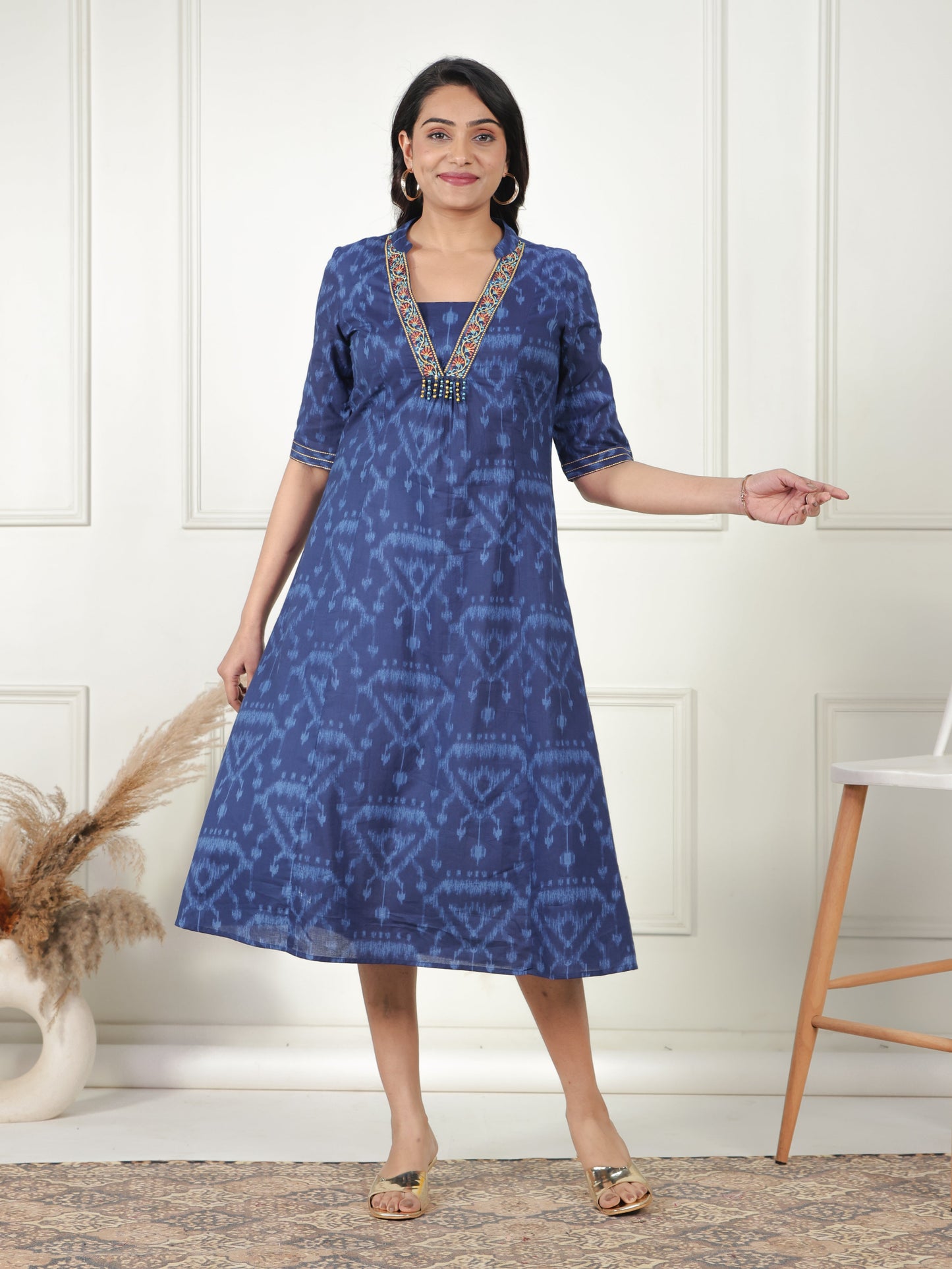 Embroidered Soft Cotton Ikat Flared Blue Dress
