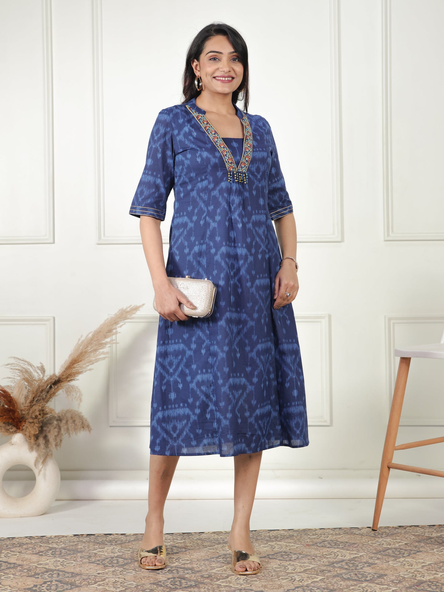 Embroidered Soft Cotton Ikat Flared Blue Dress