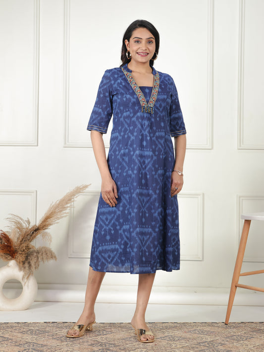 Embroidered Soft Cotton Ikat Flared Blue Dress