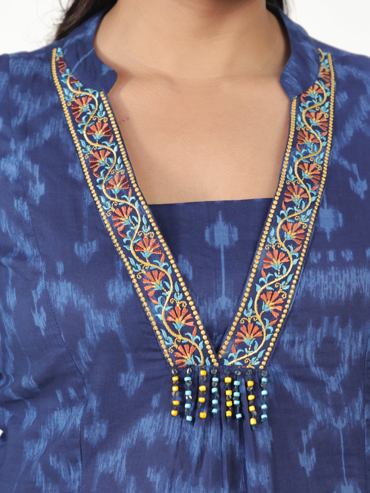 Embroidered Soft Cotton Ikat Flared Blue Dress