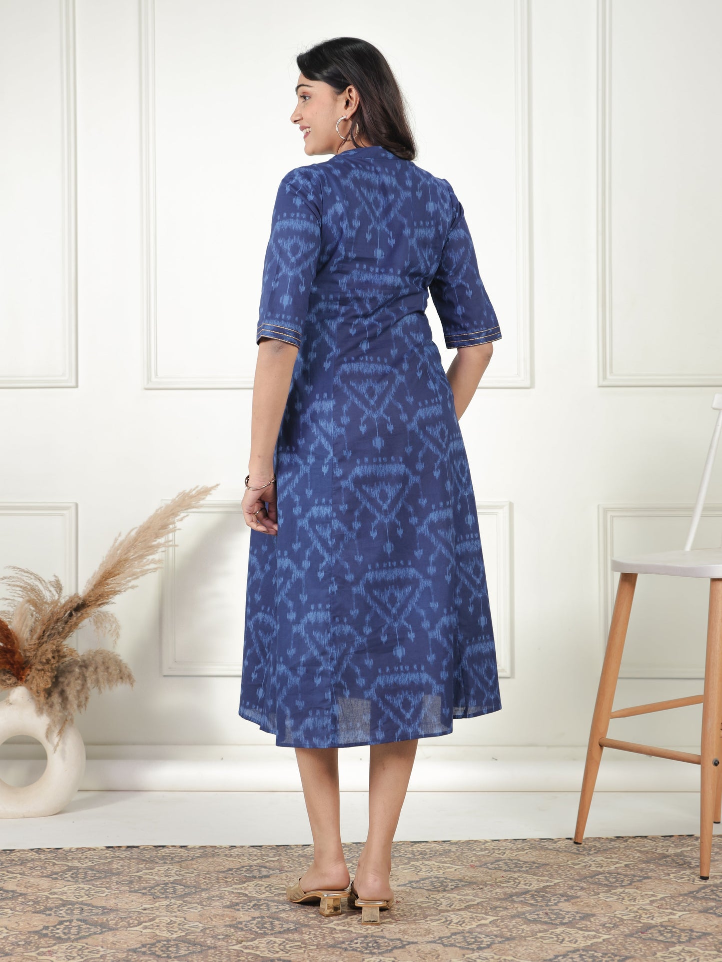 Embroidered Soft Cotton Ikat Flared Blue Dress