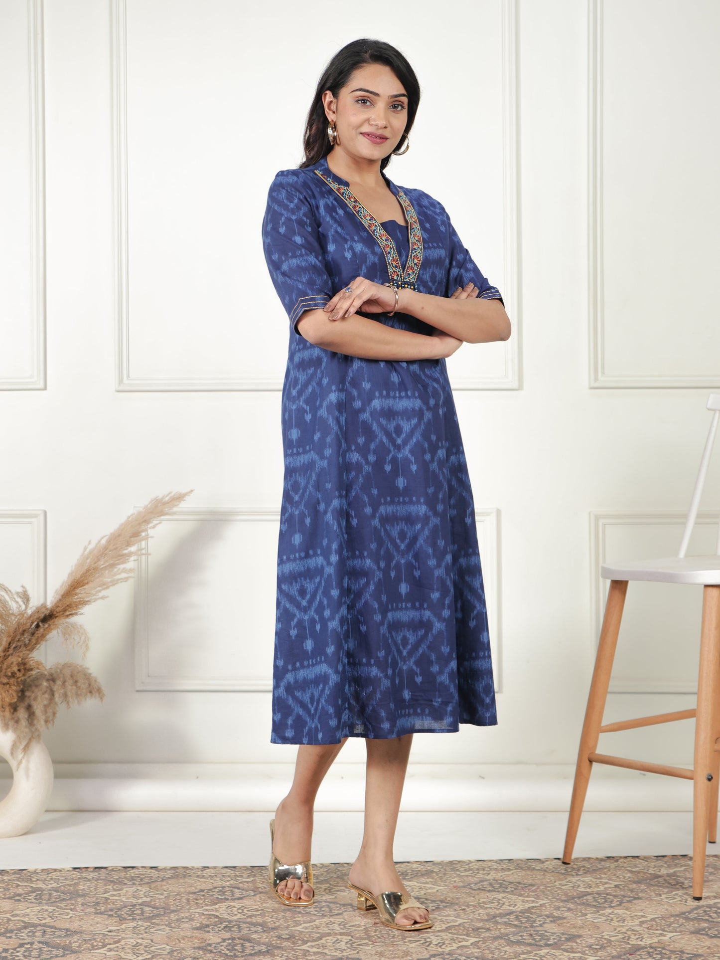 Embroidered Soft Cotton Ikat Flared Blue Dress