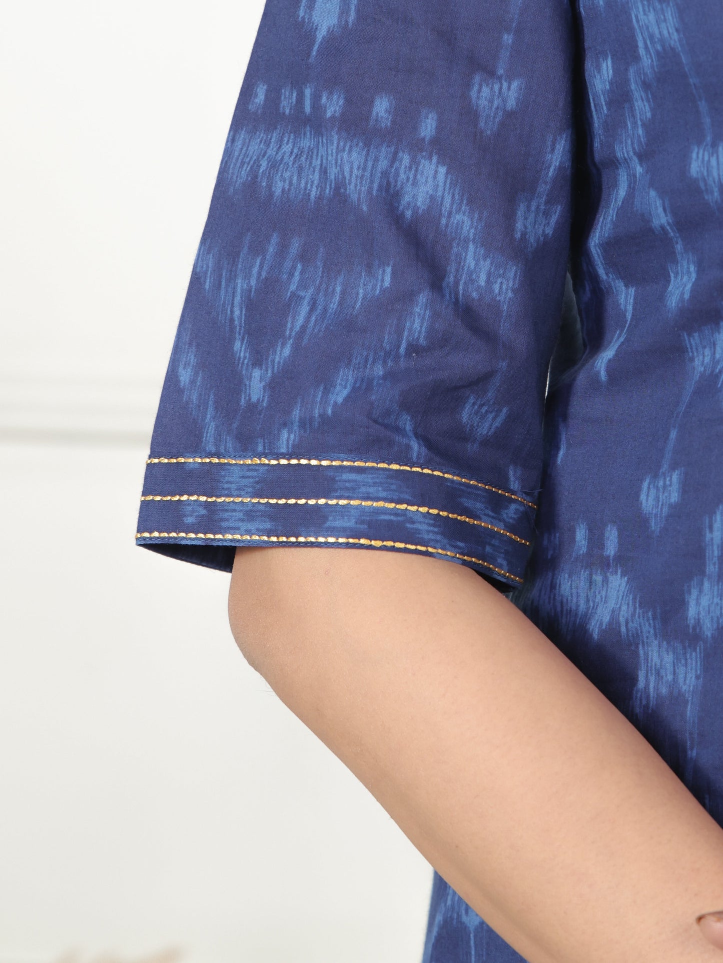Embroidered Soft Cotton Ikat Flared Blue Dress