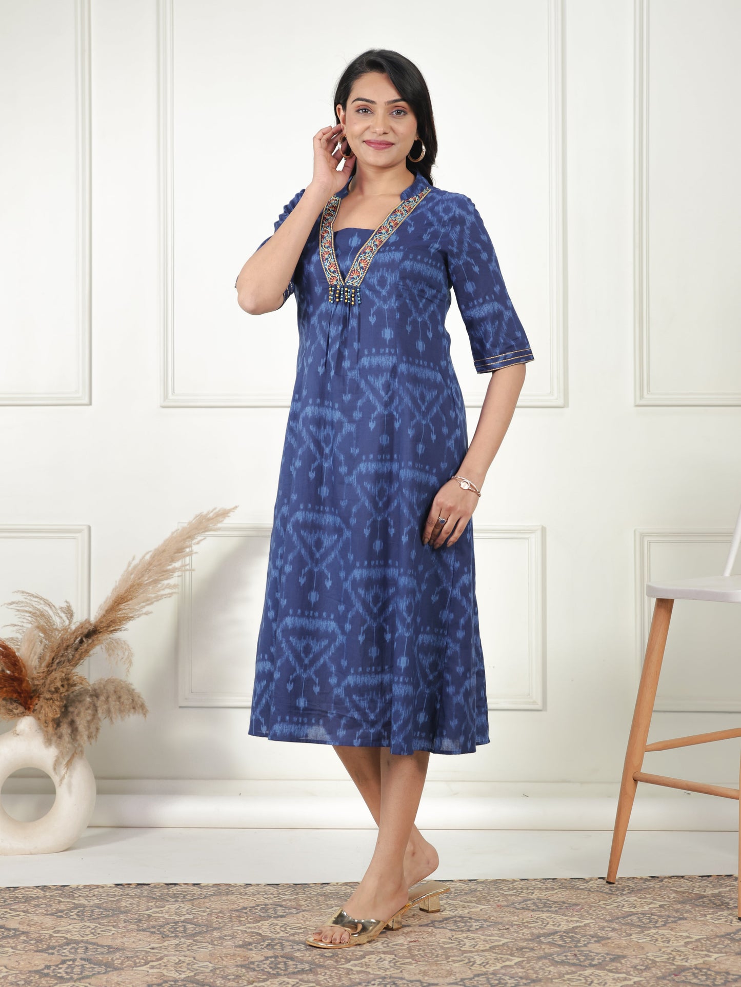 Embroidered Soft Cotton Ikat Flared Blue Dress